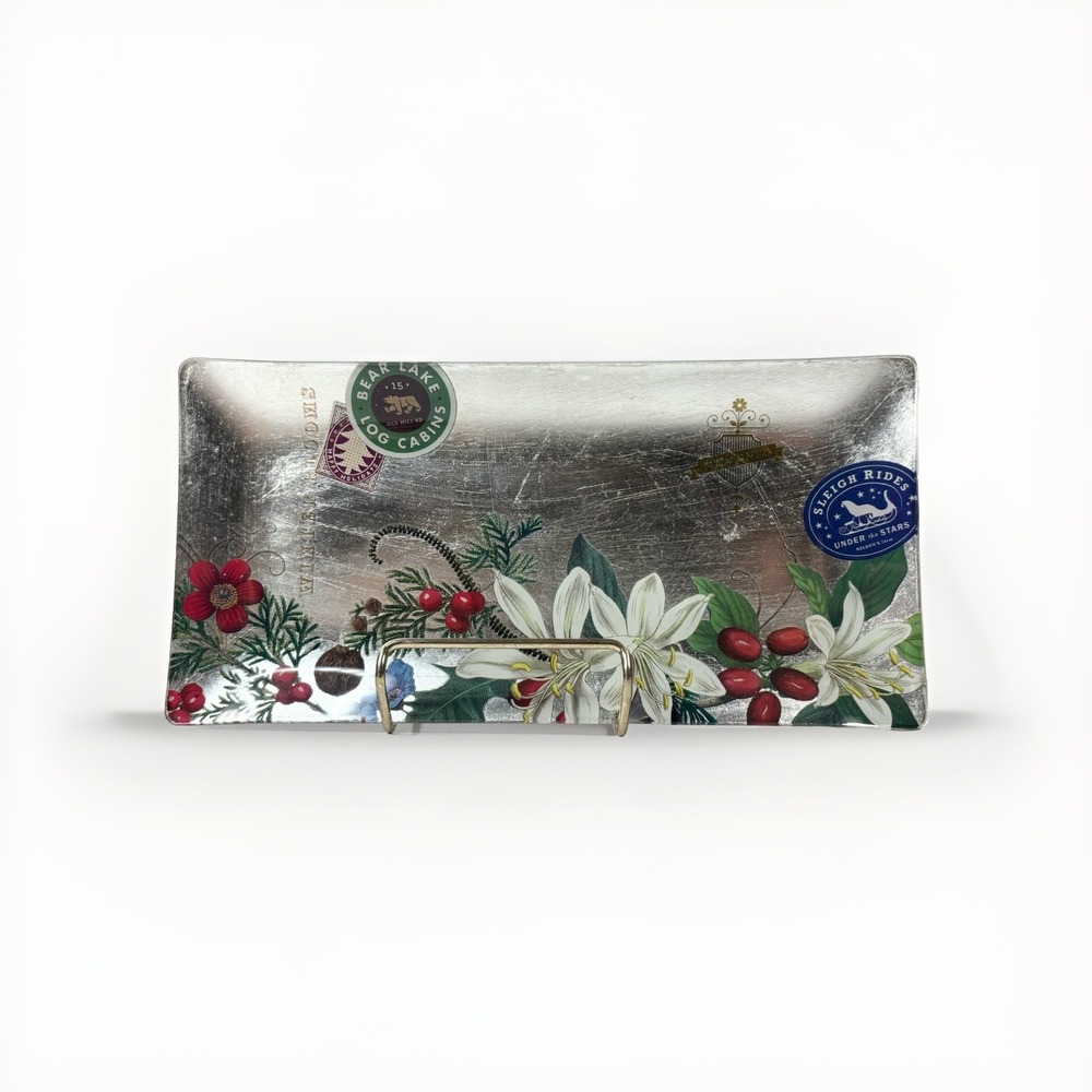 Fringe Studio Bear Lake Sleigh Ride  Glass‎ Floral Tray Trinket Dish Silver